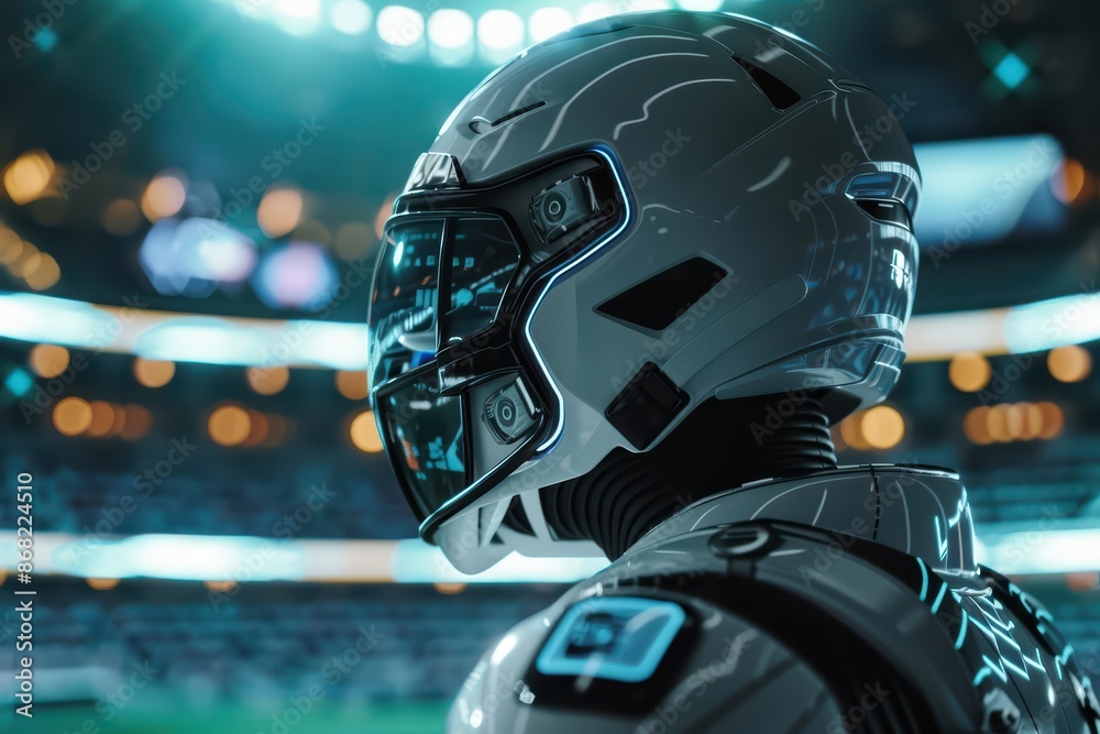 A futuristic football game played in a hightech stadium with augmented reality enhancements with copy space A futuristic football game played in a hightech stadium with augmented reality enhancements with copy space