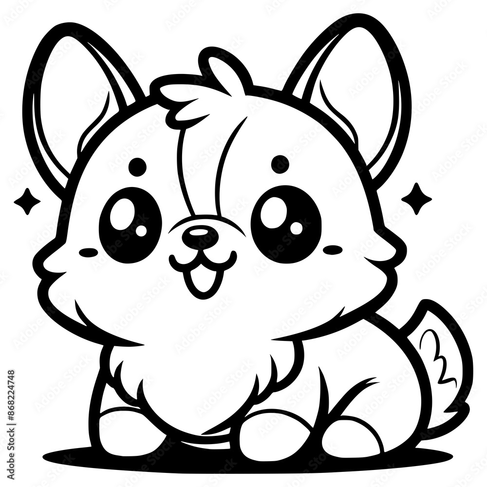 A cute cartoon corgi with big, sparkling eyes and a small tail, outlined in black and white.
A cute cartoon corgi with big, sparkling eyes and a small tail, outlined in black and white.
