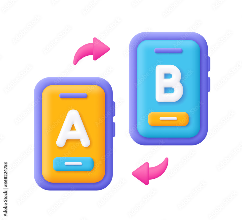 AB testing application on display smartphone screen. Bug fixing. 3d vector icon. Cartoon minimal style. AB testing application on display smartphone screen. Bug fixing. 3d vector icon. Cartoon minimal style.