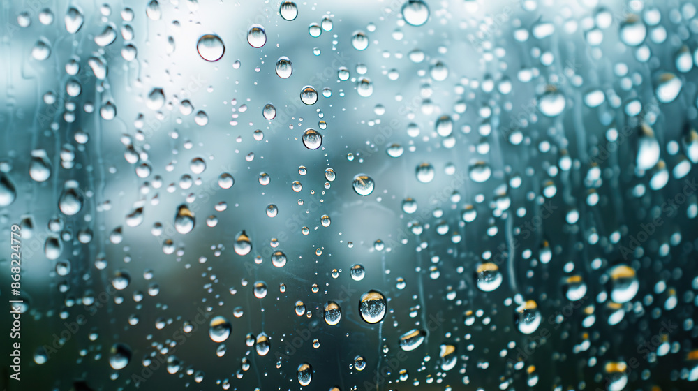 raindrops on a window, with clear water droplets, reflections of an overcast sky raindrops on a window, with clear water droplets, reflections of an overcast sky