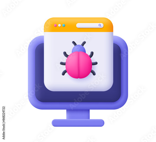 Computer with webpage and bug . Cyber virus, malware. Cyber security concept. 3d vector icon. Cartoon minimal style.