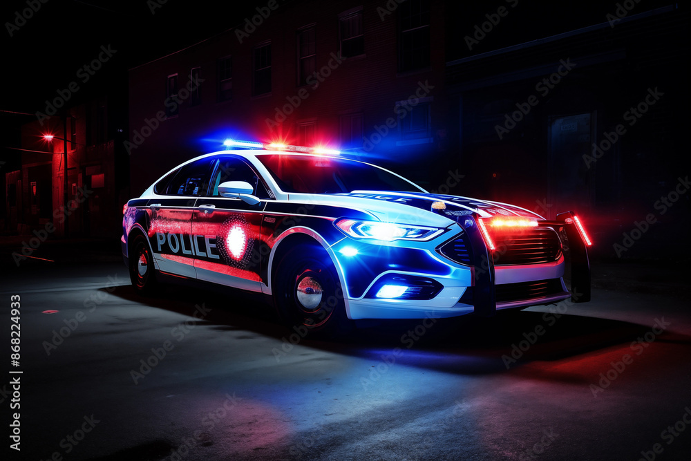 Police car with red and blue emergency lights flashing, illuminating the surrounding area. Generative AI