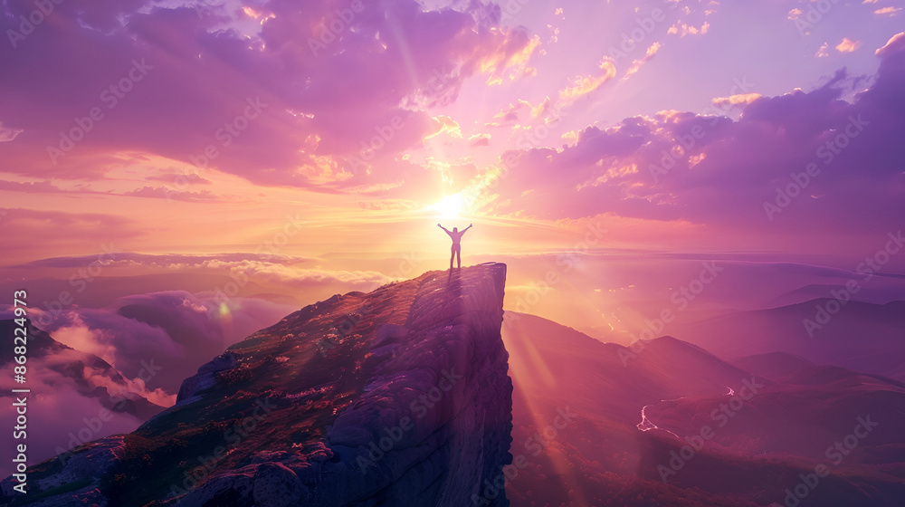 A Man Soaring Above Cliff at Sunrise: Empowering Leap into Freedom A Man Soaring Above Cliff at Sunrise: Empowering Leap into Freedom