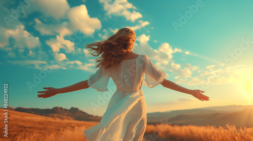  A beautiful woman in a white dress dancing on the grassland with her arms outstretched to embrace nature under a blue sky and sunset
