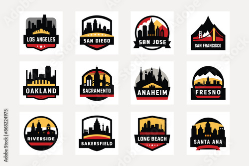 Los Angeles San Francisco San Diego San Jose Sacramento Fresno Long Beach Oakland Santa Ana Anaheim Bakersfield Riverside California City Skyline Logo Vector Illustration Bundle