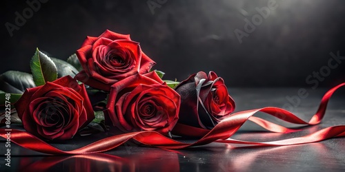 Fototapeta Naklejka Na Ścianę i Meble -  Dark and dramatic still life of black and red roses with flowing red ribbons on a black background, black, red, roses