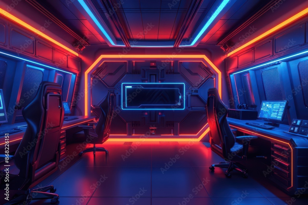 A sleek, futuristic gaming lounge where players strategize for their next big esport match with augmented reality displays with copy space