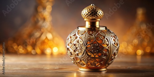 Luxury perfume bottle with intricate design and gold accents, fragrance, scent, beauty, elegant, glamour, designer, luxury © Sujid