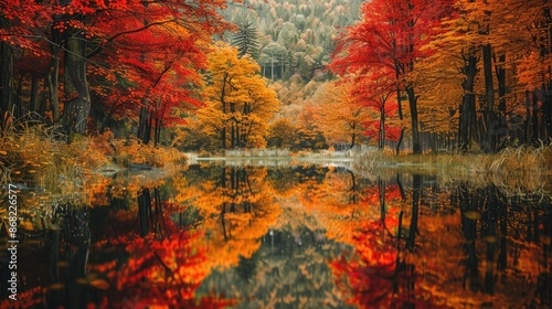 A vibrant autumn forest with trees in shades of red, orange, and yellow, reflected in a tranquil pond.
