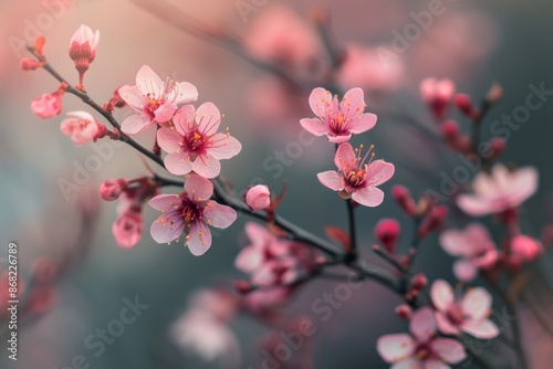 Cherry blossoms in full bloom on branches, with a softly blurred background of a springtime park. 