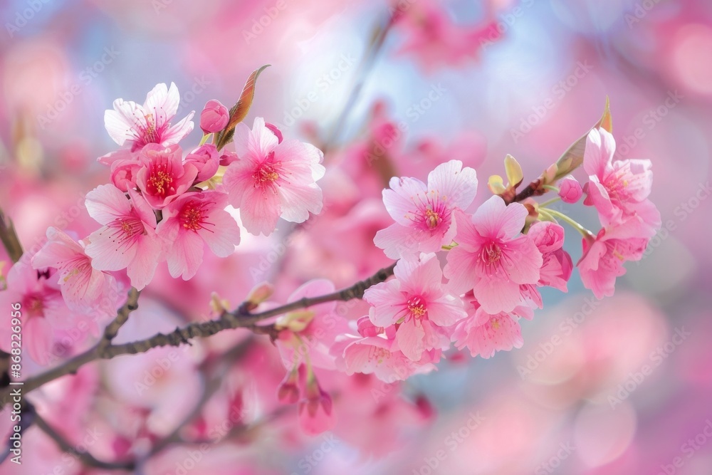 Cherry blossoms in full bloom on branches, with a softly blurred background of a springtime park. Cherry blossoms in full bloom on branches, with a softly blurred background of a springtime park.