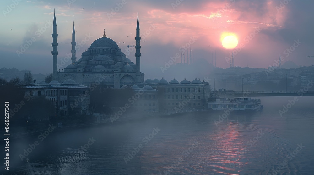 Fototapeta premium A View of a Mosque from a Boat as the Sun Sets Over the Water - Generative AI