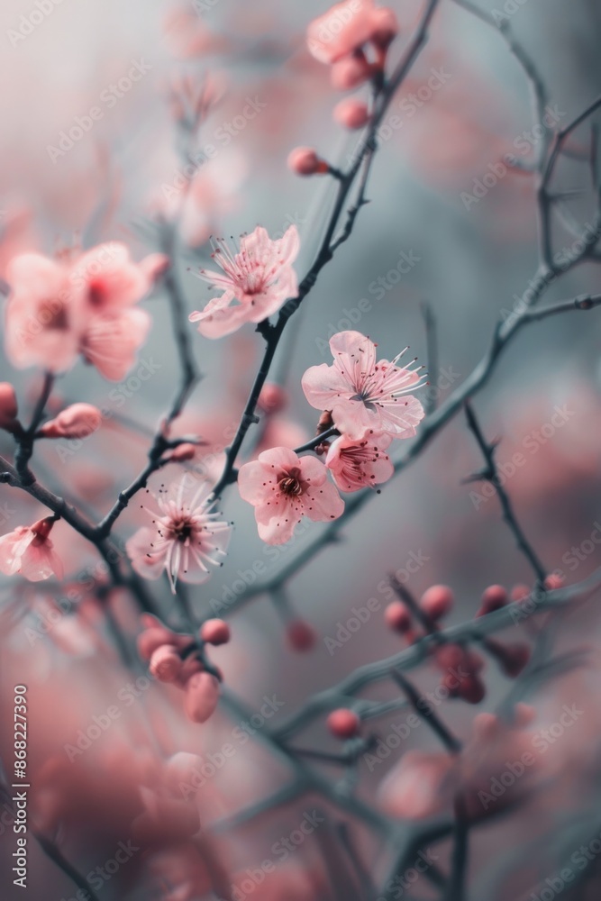 Cherry blossoms in full bloom on branches, with a softly blurred background of a springtime park. Cherry blossoms in full bloom on branches, with a softly blurred background of a springtime park.