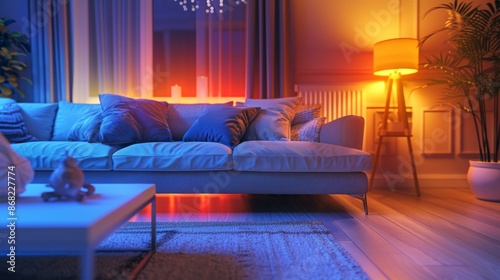 Fototapeta Naklejka Na Ścianę i Meble -  Background: A minimal and contemporary home setup with a blank wall, light floor, and white furniture, complemented by a luxurious lounge area with a cozy sofa and decorative plants for a serene livin