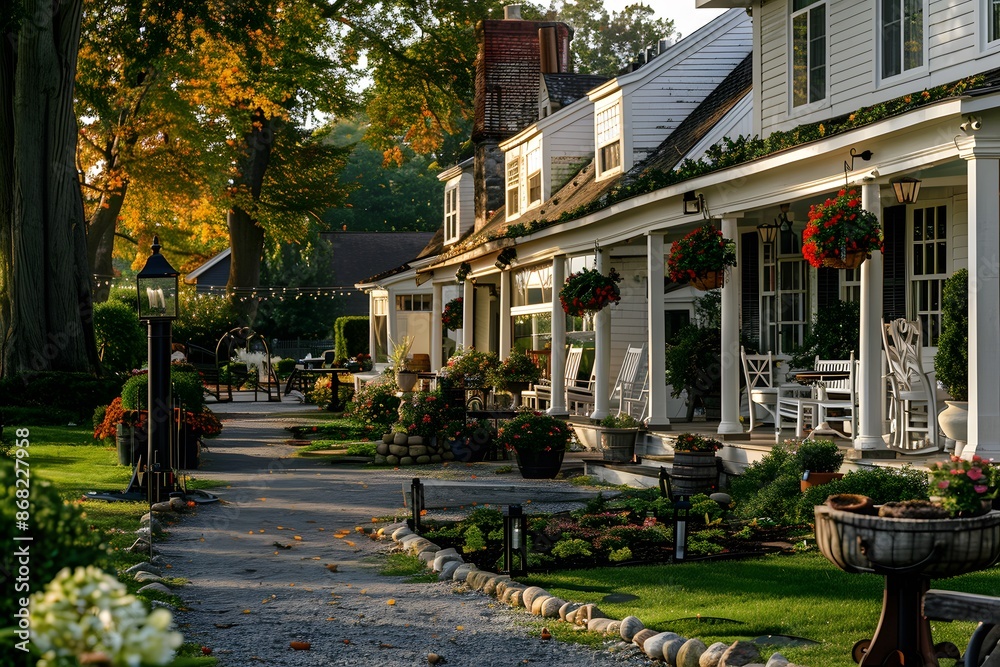 Obraz premium Charming White House with a Porch and Lush Greenery