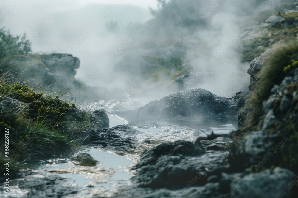 Natural hot springs with steam rising, with a softly blurred background of rocky terrain and greenery. Natural hot springs with steam rising, with a softly blurred background of rocky terrain and greenery.