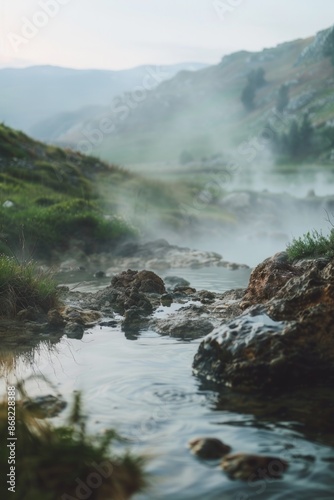 Natural hot springs with steam rising, with a softly blurred background of rocky terrain and greenery.