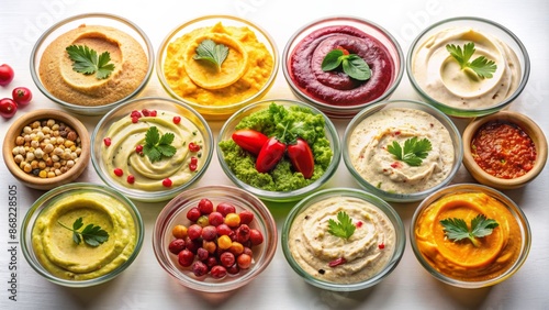 Assorted colorful condiments including hummus, salsa, guacamole, tahini, and tzatziki, beautifully arranged in small bowls on a transparent background.