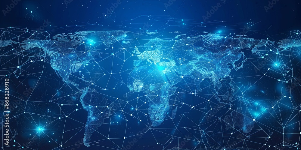 Global network and communication concept, blue world map with glowing dots and lines representing data connections, internet technology, and global business Global network and communication concept, blue world map with glowing dots and lines representing data connections, internet technology, and global business
