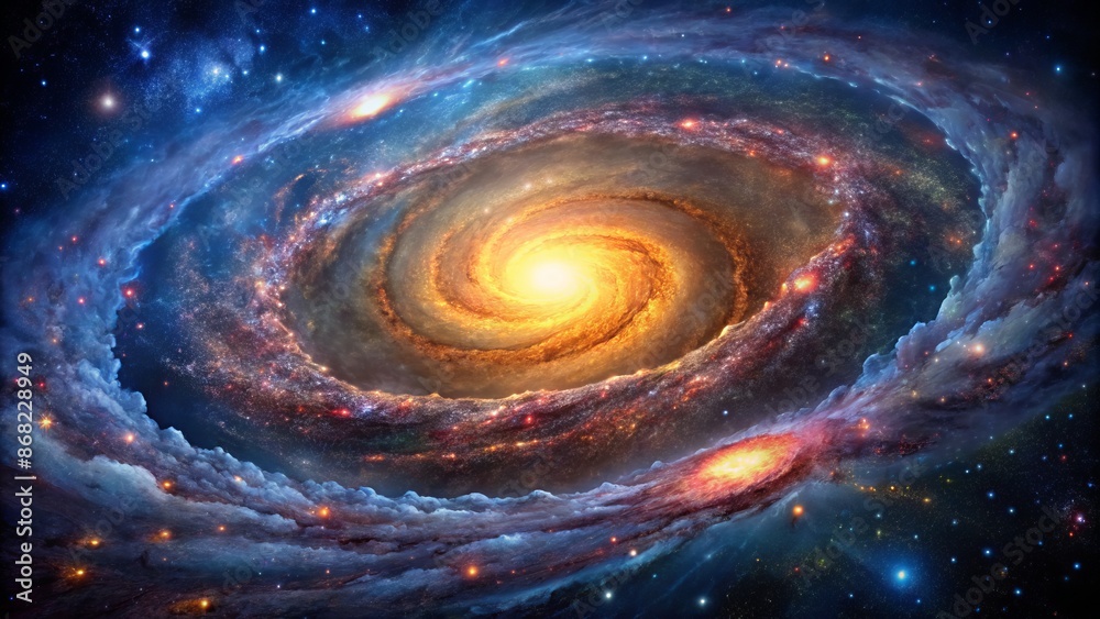 Vibrant swirling spiral galaxy with radiant starlight, majestic Milky Way galaxy, and stunning celestial bodies against a dark space backdrop. Vibrant swirling spiral galaxy with radiant starlight, majestic Milky Way galaxy, and stunning celestial bodies against a dark space backdrop.