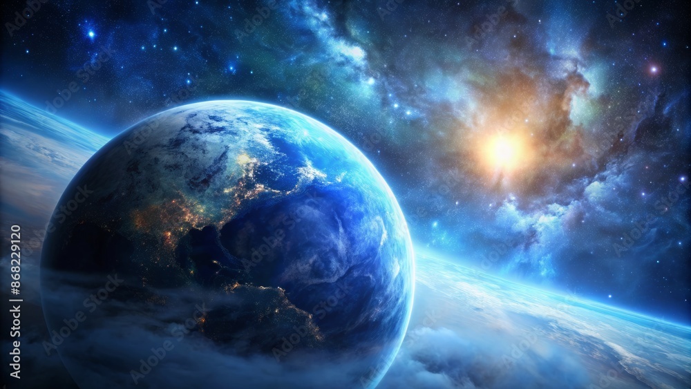 Stunning majestic blue planet suspended in blackness of outer space with wispy clouds, gleaming atmosphere, and rugged terrain. Stunning majestic blue planet suspended in blackness of outer space with wispy clouds, gleaming atmosphere, and rugged terrain.