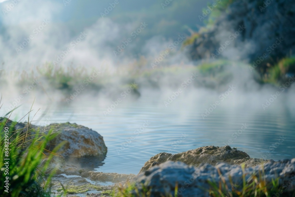 Natural hot springs with steam rising, with a softly blurred background of rocky terrain and greenery. Natural hot springs with steam rising, with a softly blurred background of rocky terrain and greenery.