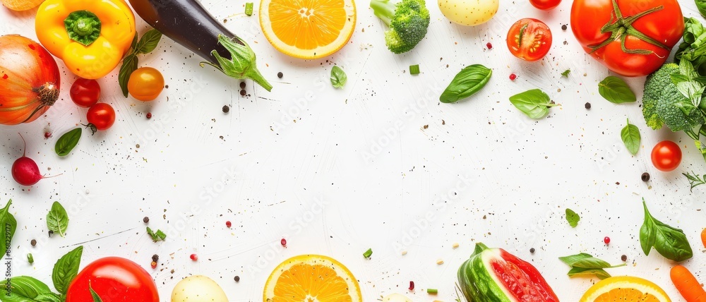 A white background with a variety of fruits and vegetables including broccoli A white background with a variety of fruits and vegetables including broccoli