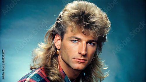 Retro 1980s nostalgic aesthetic featuring iconic mullet hairstyle symbolizing playful eccentricity and whimsical vintage fashion sensibilities of a bygone era.