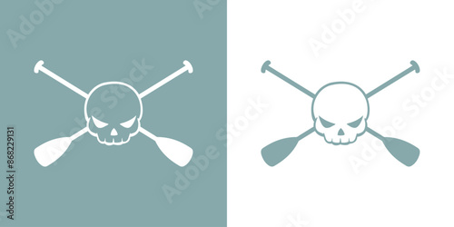 Símbolo pirata. Logo nautical. Silueta de calavera humana con expresión enojada sobre remos cruzados de kayak, canoa o paddle surf