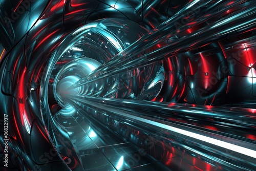 Futuristic metallic tunnel with glowing neon lights, perfect for sci-fi or cyberpunk backgrounds. Concept of technology, speed, and the future. © chesleatsz