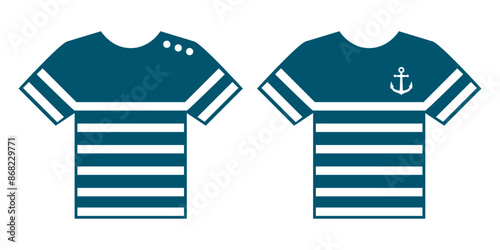 Logo nautical. Silueta de 2 camisetas tipo t-shirt de marinero rayada y con ancla de barco
