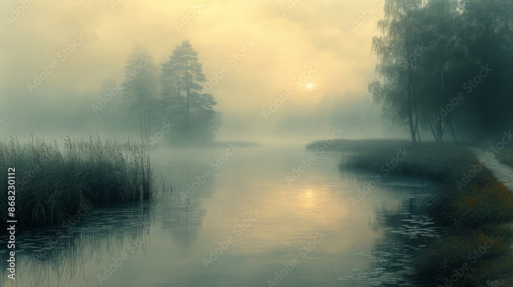 A Foggy View of a Lake with Trees and a Path Leading to It - Generative AI A Foggy View of a Lake with Trees and a Path Leading to It - Generative AI