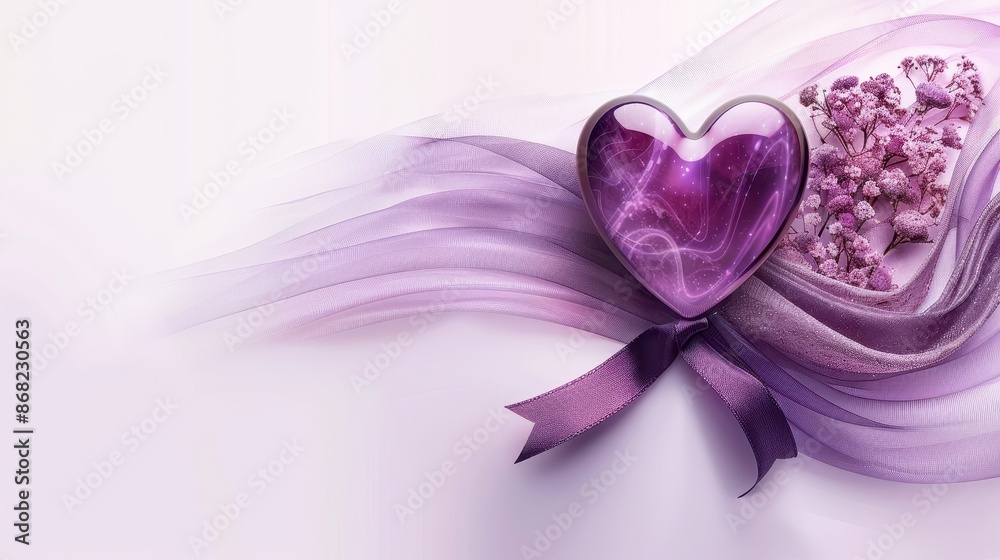A purple heart is surrounded by purple ribbon and purple flowers A purple heart is surrounded by purple ribbon and purple flowers