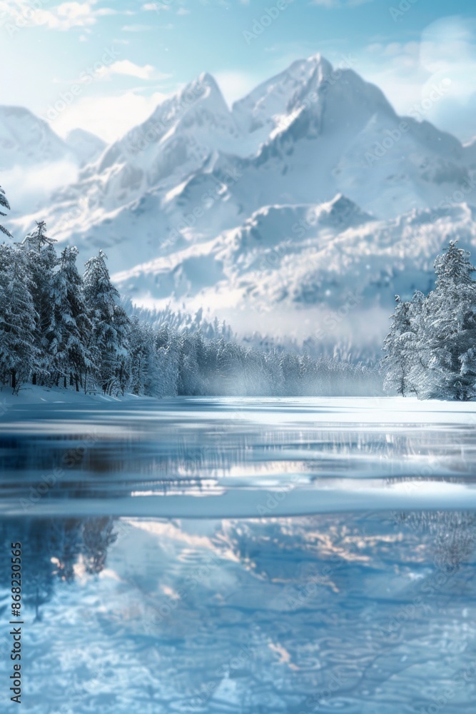 Fototapeta premium Snow-capped mountains overlooking a frozen lake, with a softly blurred background of snowy trees and sky. 