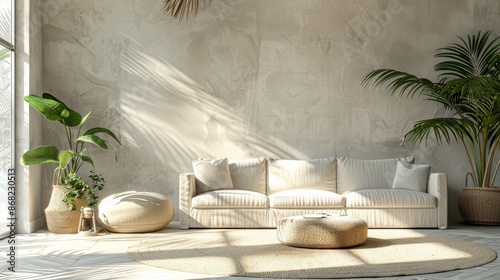 Fototapeta Naklejka Na Ścianę i Meble -  Background: A minimal and contemporary home setup with a blank wall, light floor, and white furniture, complemented by a luxurious lounge area with a cozy sofa and decorative plants for a serene livin