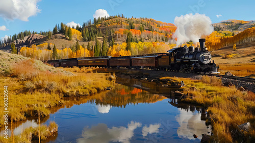Retro steam train moves crossing the river at sunrise.