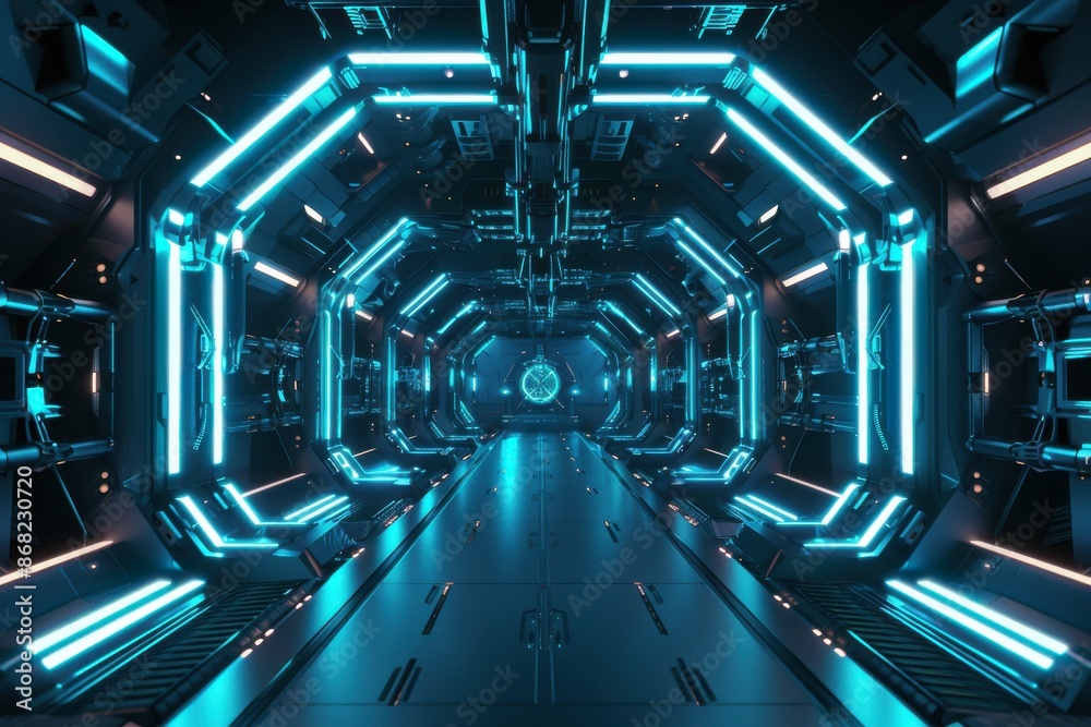 Obraz premium Futuristic Sci-Fi Spaceship Corridor with Glowing Blue Lights, Perfect for Technology, Gaming, or Metaverse Projects