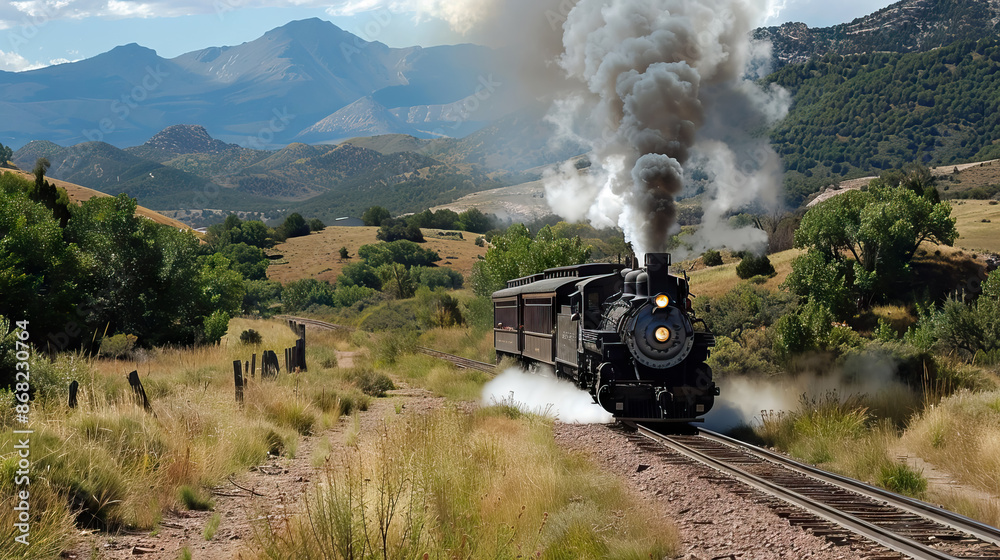 Obraz premium Steam locomotive pump out clouds of white smoke. Steam train on railway.