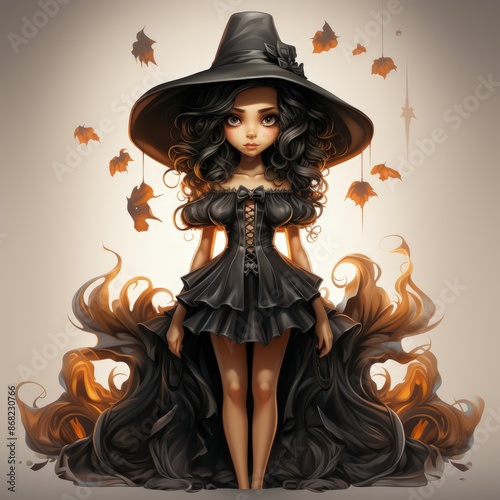 Spooky Halloween Witch in Costume Isolated on Transparent Background