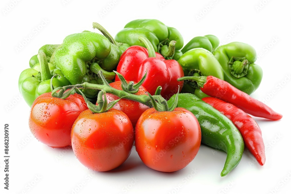 Tomatoes And Peppers. Fresh Organic Red and Green Vegetables on White Background Tomatoes And Peppers. Fresh Organic Red and Green Vegetables on White Background