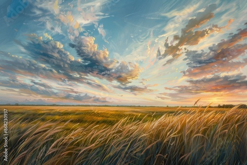 Sunset Tall Grass. Kansas Summer Landscape with Field of Meadow Grass and Blue Sky