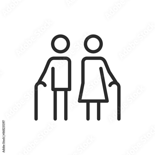 Elderly people, linear style icon. Elderly man and woman with cane. Editable stroke width