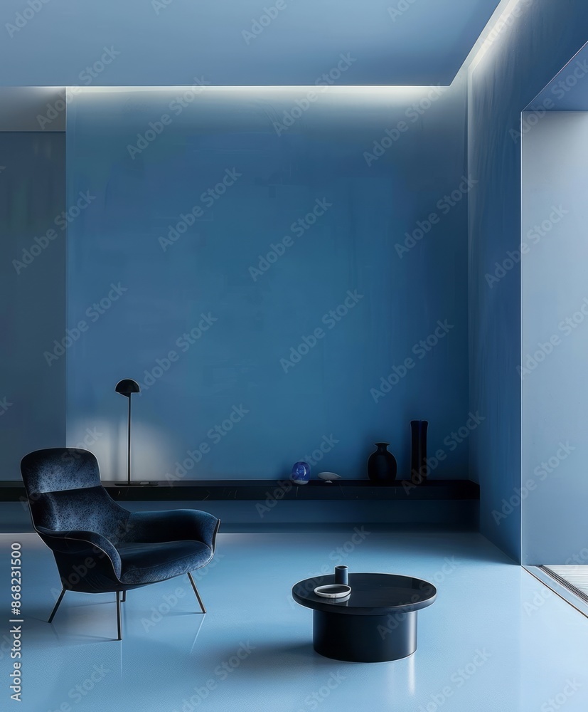 Blue wall serving as a backdrop for minimalist black furniture Blue wall serving as a backdrop for minimalist black furniture