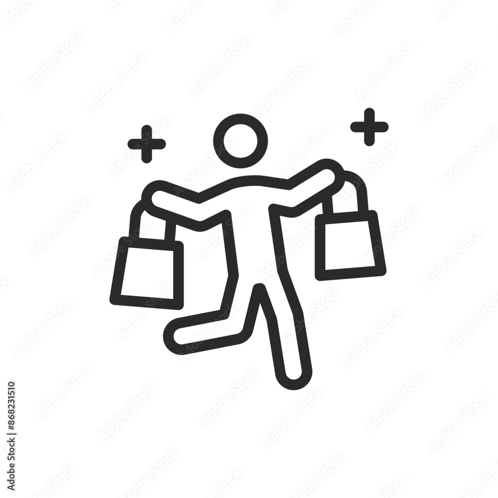 Happy shopper with bags, linear style icon. Editable stroke width Happy shopper with bags, linear style icon. Editable stroke width