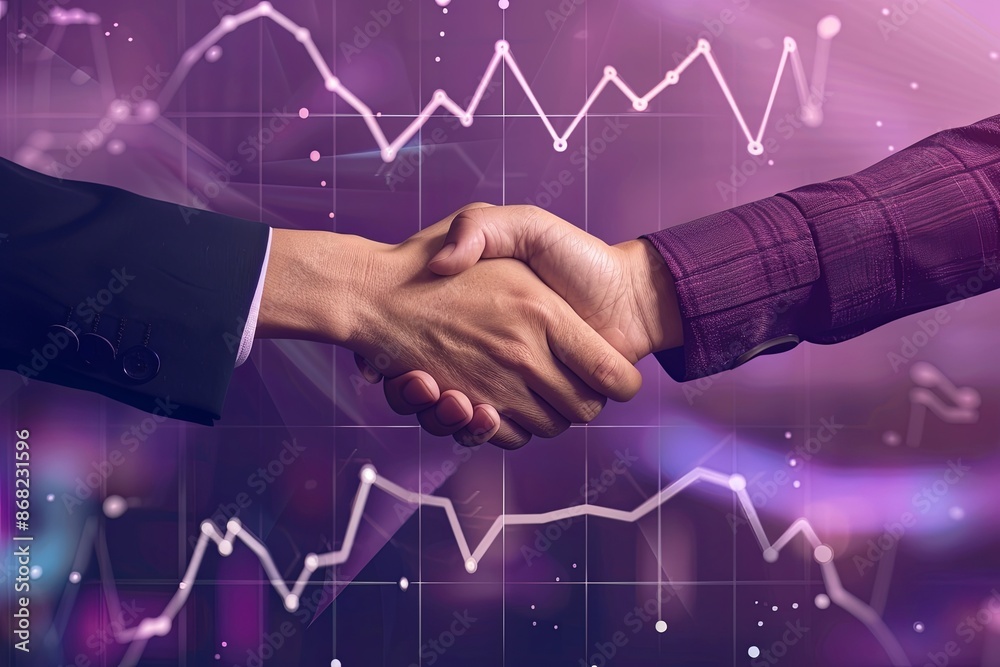 Business handshake on a stock market data background. Concept of partnership, deal, agreement, finance, investment, and success Business handshake on a stock market data background. Concept of partnership, deal, agreement, finance, investment, and success