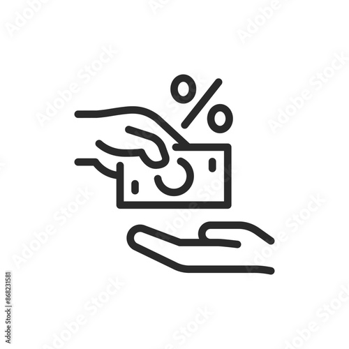 Hand giving money with percentage, linear style icon. Hand giving money with a percentage sign indicating interest or loan. Editable stroke width.