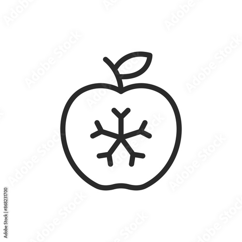 Apple with snowflake, linear style icon. Symbol for frozen or refrigerated food, especially fruits. Editable stroke width.