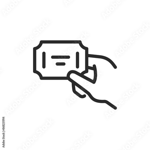 Ticket in hand, linear style icon. holding a ticket. Editable stroke width