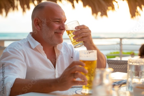 Hansome 50+ man drinking beer at a table on a restaurant terrasse. Handsome 50+ man drinking beer at a table on a restaurant terrasse. He is wearing a white top. He is bald, tanned and smiling. Horizo photo