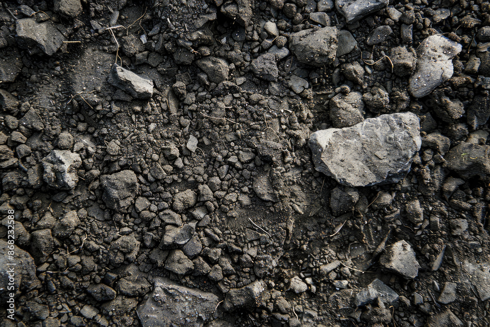 Closeup of nutrientrich topsoil in shades of grey showing earthy texture Closeup of nutrientrich topsoil in shades of grey showing earthy texture